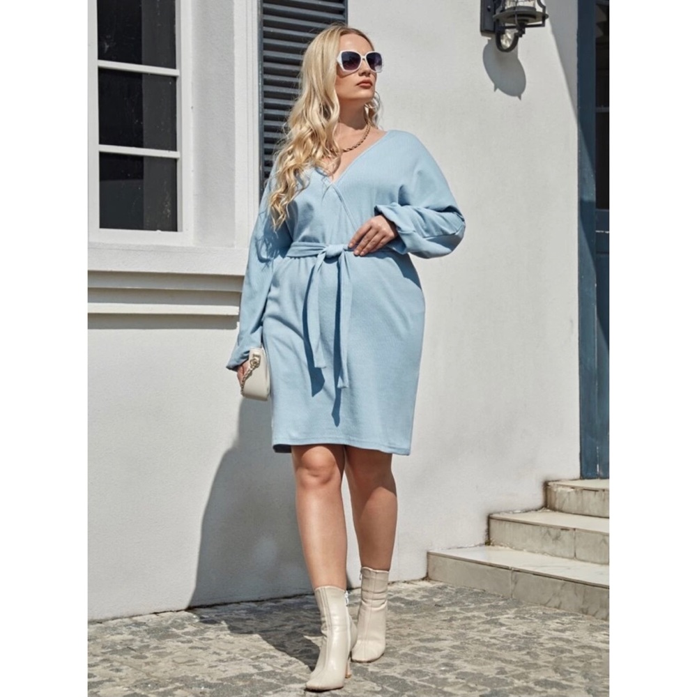 SHEIN Plus Batwing Sleeve Belted Dress